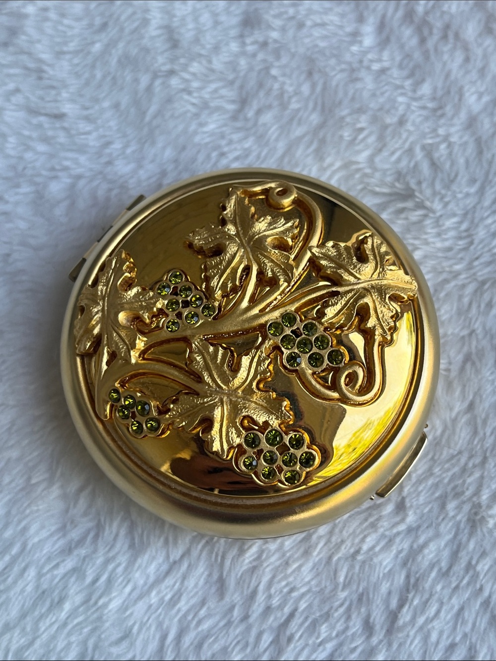 Estee Lauder Gold Round Compact with Leaf & Green Crystal Accents